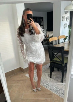 Glamorous Clear-White Large-Sequin Feather Cuff Mini-Dress