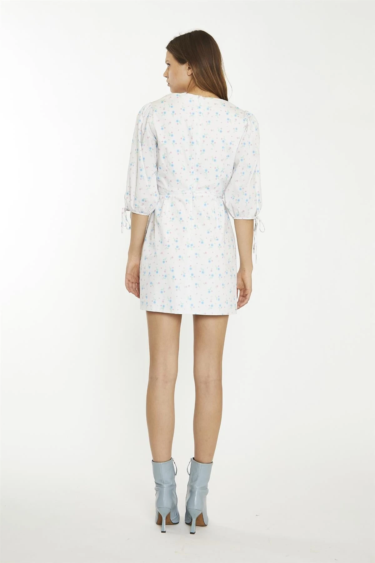 Glamorous White-Blue-Pink Ditsy Wrap Tie Mini-Dress - Image 2