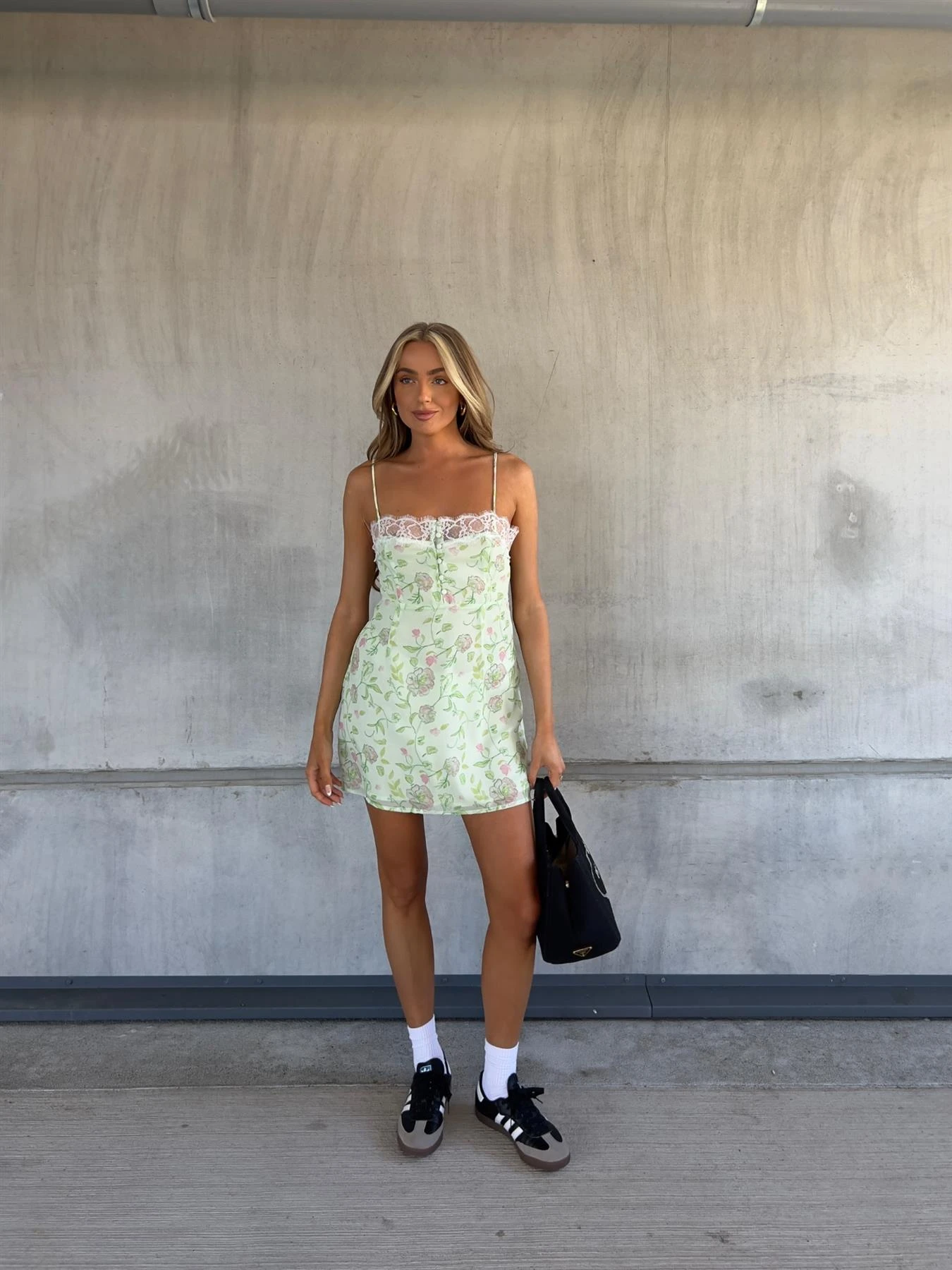 Glamorous Cleo Lace Trim Mini Dress -Green Watercolour Flower - Image 3