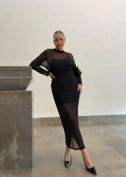 Glamorous Curve Andi Mesh Bodycon Maxi-Dress -Black Diamante