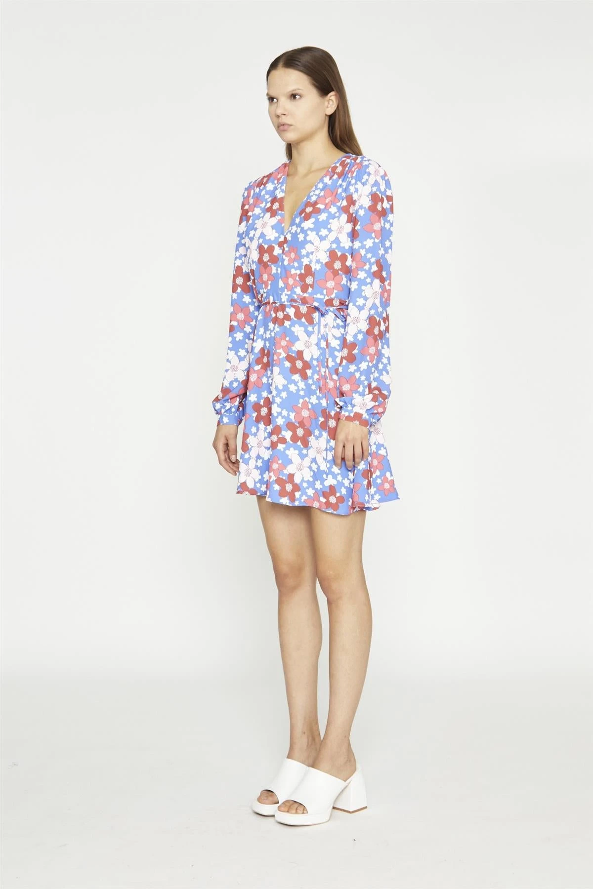 Glamorous Blue-Red Flower V-Neck Mini-Dress - Image 3