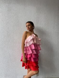 Glamorous Christina Halterneck Ruffle Mini Dress -Pink/Red Ombre