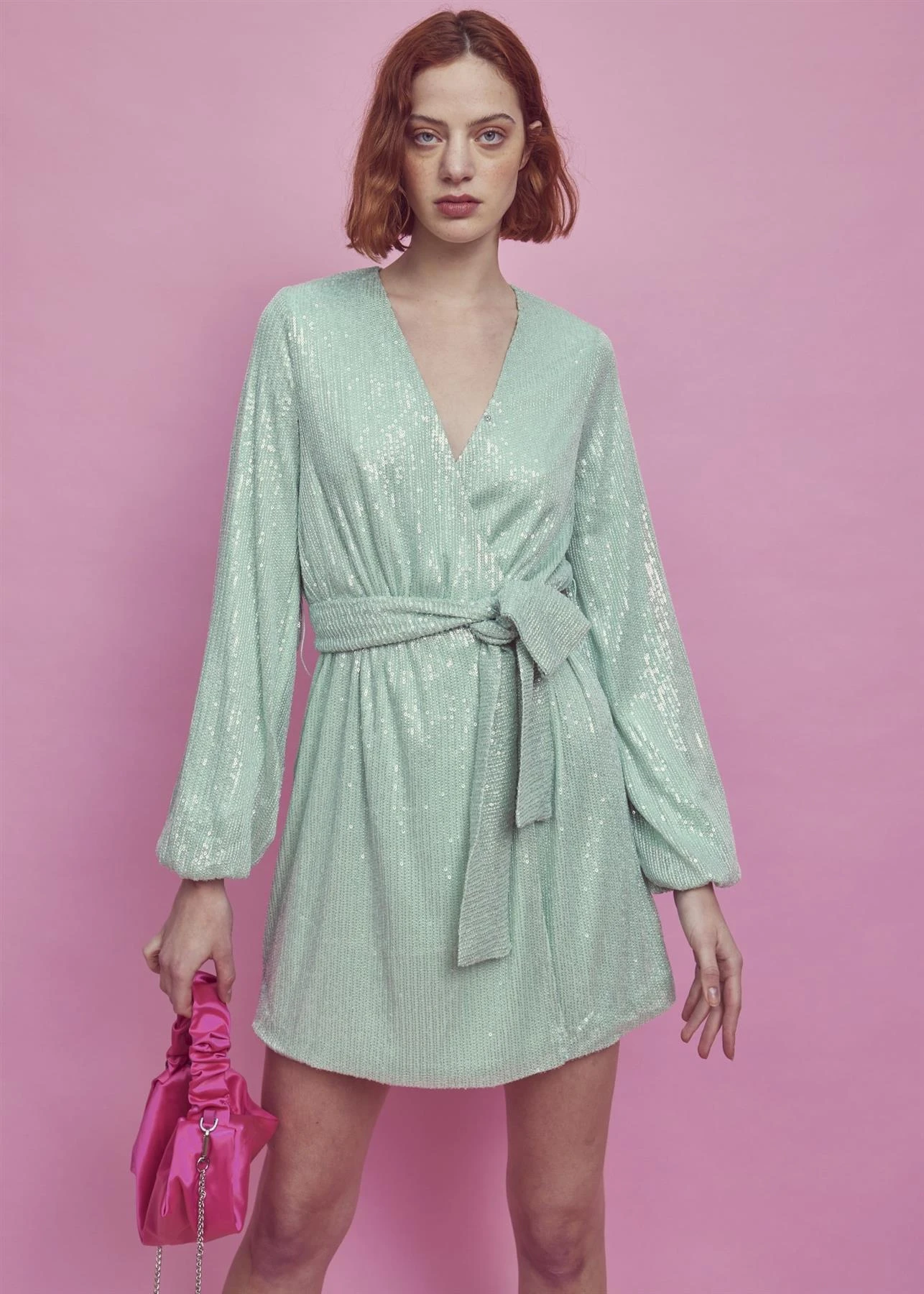 Glamorous Alice Tie-Waist Sequin Mini-Dress -Apple-Green Sequin - Image 3