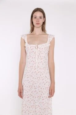 Glamorous White-Base Floral Ruffle Neck Midaxi-Dress