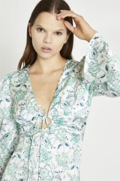 Glamorous White-Mint Paisley Satin Gathered Keyhole Mini-Dress