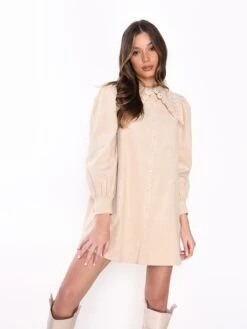 Glamorous Stone Corduroy Collar Button Front Mini Dress