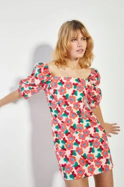 Glamorous Pink Floral Puff Shoulder Mini Dress