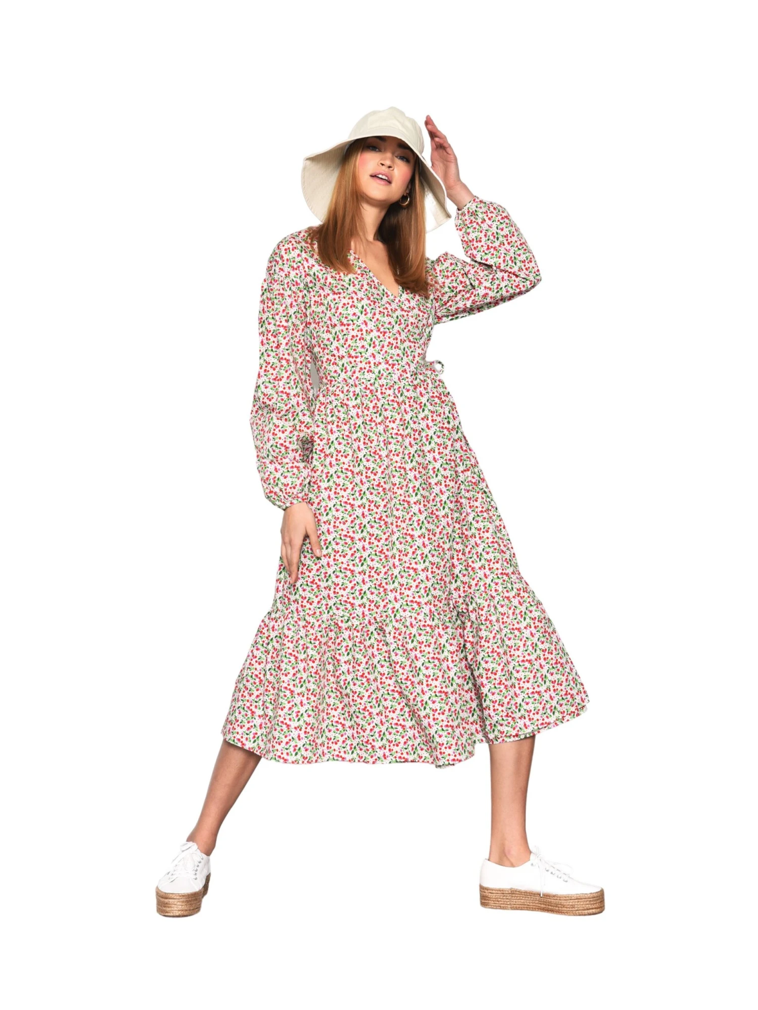 Glamorous Multi White Cherry Print Wrap Midi Dress - Image 3