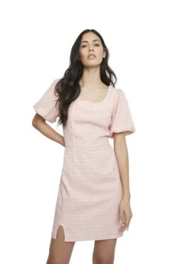 Glamorous Peach Grid Square Neck Short Sleeve Mini Dress